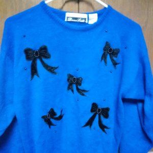 Vintage Royal Blue Sweater With Black Velvet Bows